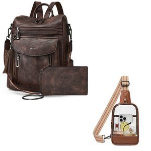 Backpack Purse for Women + Clear Bag Stadium Approved Coffee&Brown🐙